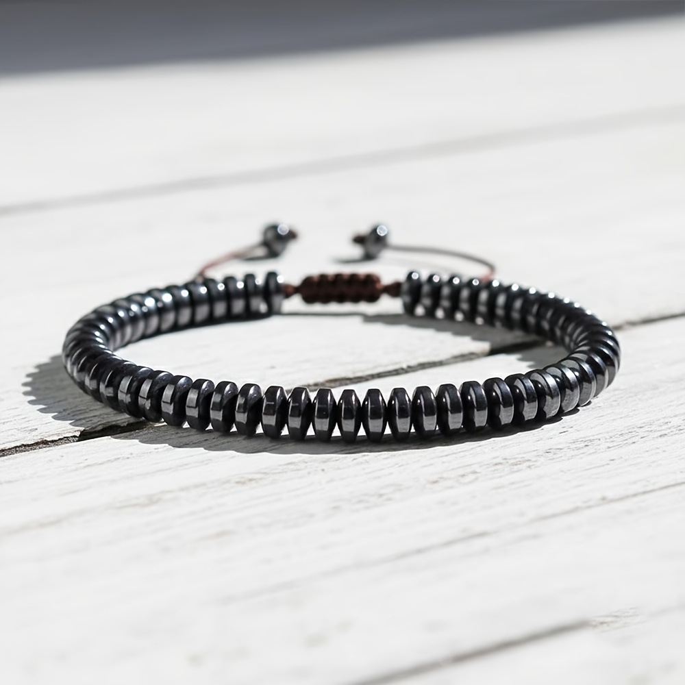 Unisex Natural Hematite Beads Bracelet, Adjustable Gift